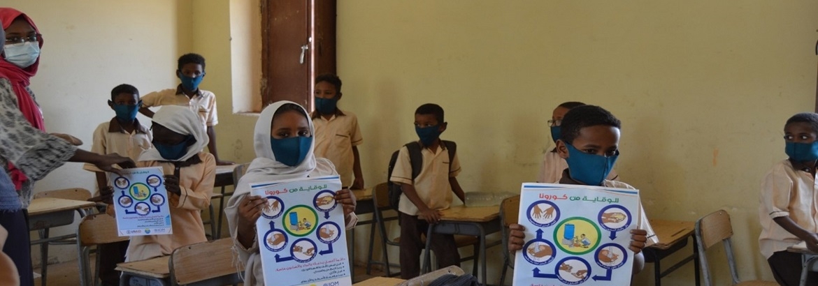 School children taking part in COVID-19 and Hygiene Awareness Campaign in Zurghan in Khartoum State. @ IOM Sudan, 2021